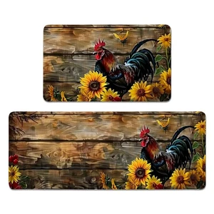 Rooster Kitchen Rugs Set of 2, Country Farmhouse Style Sunflower Kitchen Mats... - Picture 1 of 9