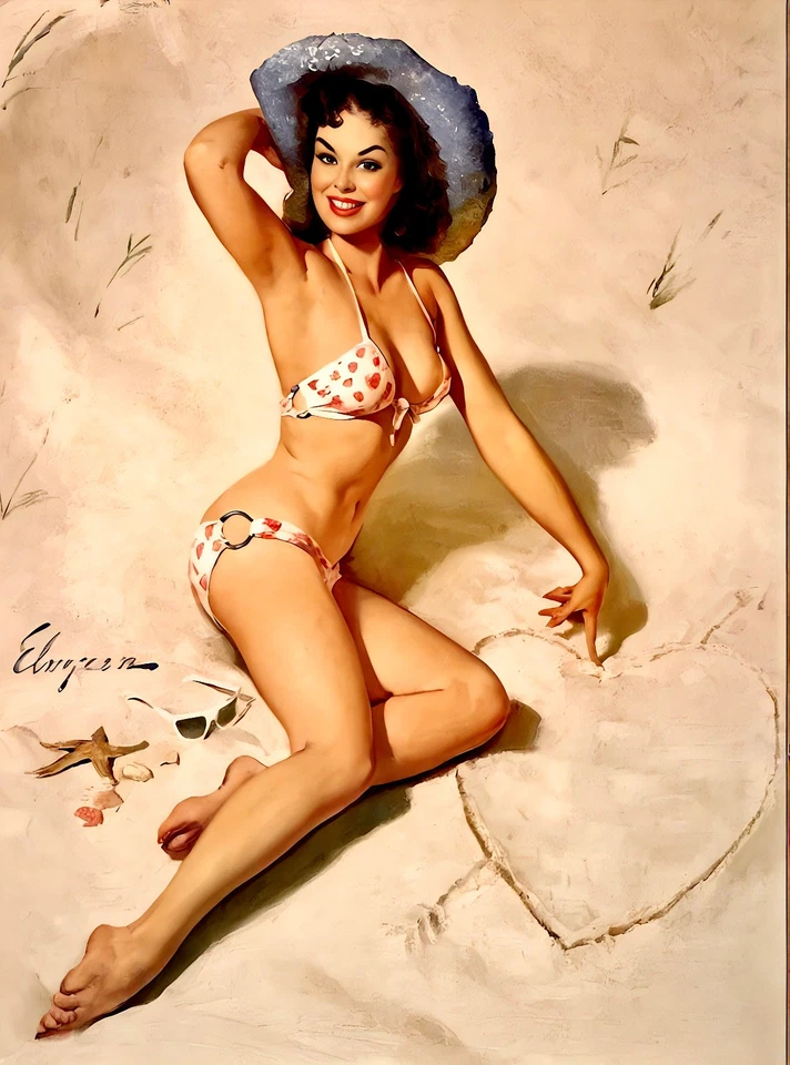 Impressão fotográfica feminina de biquíni e chapéu na areia com coração P 8,5x11" pinup Gil Elvgren - Imagem 1 de 1