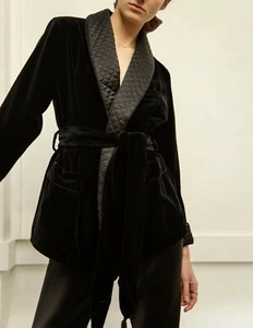 Women Smoking Jacket Black Velvet Robe de Chambre Dinner Blazer Leisure Coat - Picture 1 of 7