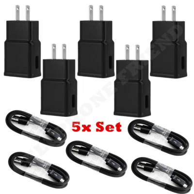 5 Set USB Power Adapter Wall Charger Micro Cable Cord US Plug For Samsung Black - Image 1 of 4