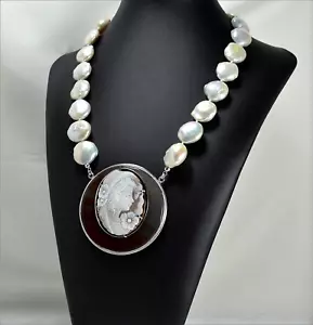 COLLANA IN ARGENTO 925 CON PERLE BAROCCHE E CAMMEO SARDONICO VOLTO - AGLN 038 - - Foto 1 di 3