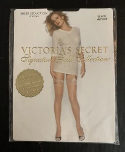 Vintage Victoria's Secret Signature Gold Sheer Seduction Stockings Black Sz M - Picture 1 of 9