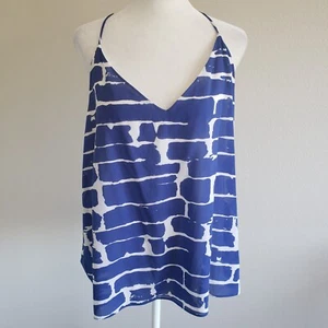 NEW Alice & Olivia Silk Blouse Cami Blue White Distressed Brick Strappy Size L - Picture 1 of 10