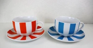 Set 4 tazze e piattini Jonathan Adler a righe arancioni e blu stravaganti ed eleganti - Foto 1 di 11