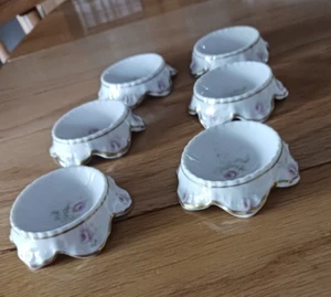 6 Vintage Porcelain Open Salts with Pink Flowers & Gold Trim - Picture 1 of 7