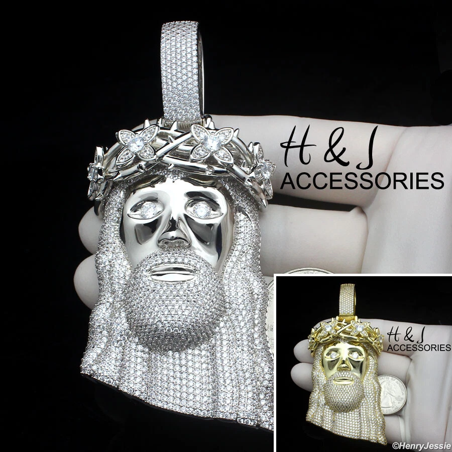 COLGANTE CABEZA DE JESÚS 3D PLATA/ORO GRAN TAMAÑO CIRCONITA HELADA CHAPADO EN ORO 14K PARA HOMBRE*ABP19 Foto 1 de 1
