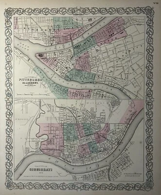 Mapa antiguo coloreado a mano planos de Pittsburgh y Cincinnati de 1870 17" x 14" Foto 1 de 3