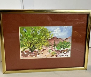 Pequeña pintura acuarela 4”x 3” escena del desierto enmarcada 7”x 5” firmada H V Farr - Imagen 1 de 19