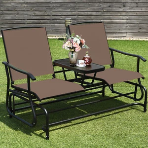 Patio 2-Person Glider Rocking Char Loveseat Garden w/ Tempered Glass Table Brown - Picture 1 of 10