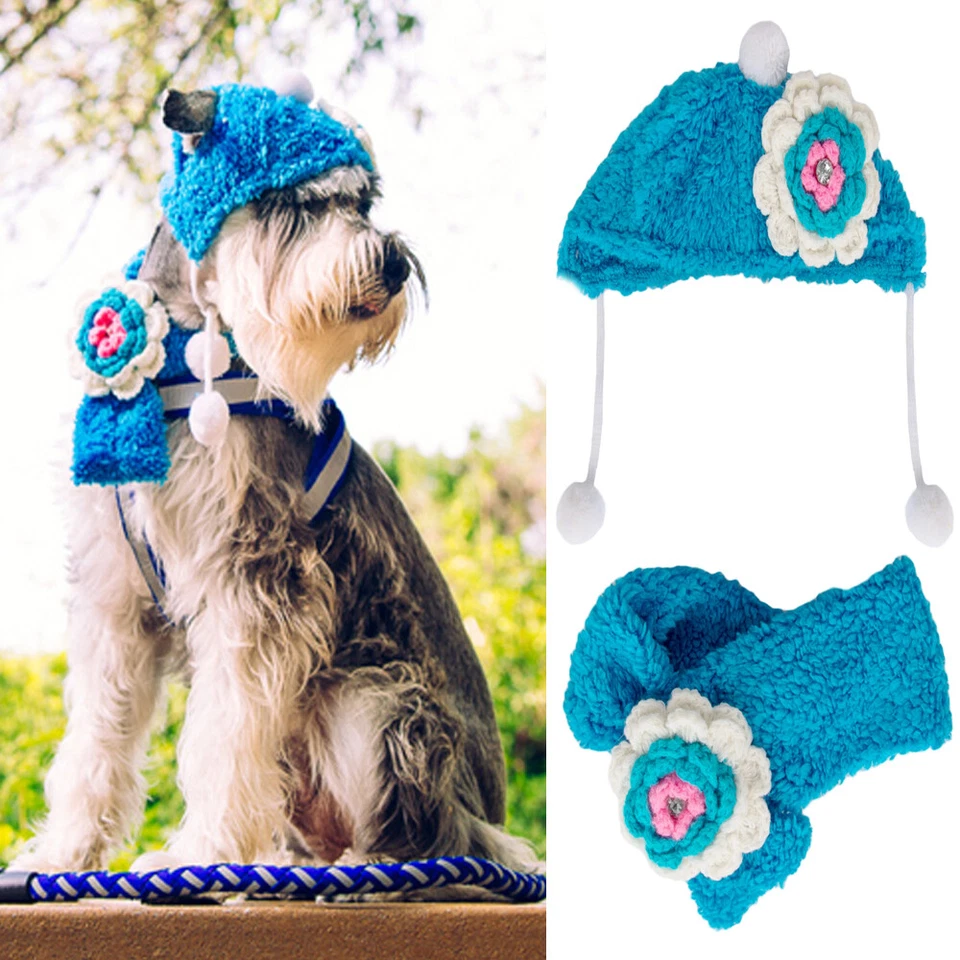 Conjunto de sombrero y bufanda cálidos de invierno con patrón floral tejido para disfraces de cachorro de perro mascota Foto 1 de 4