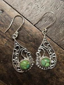 Green Copper Turquoise and 925 Silver Earrings - Handmade in India  - Picture 1 of 4