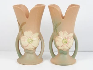 TWO Weller Pottery Wild Rose Vases Double Handle Matte Peach Green 1930s 8.5” - Picture 1 of 12
