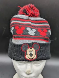 Disney Junior Mickey Mouse Patch Red & Black Pom Beanie Hat Toddler Size 2T-5T - Picture 1 of 3