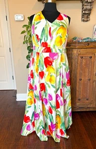 Maggy London 16W Dress Maxi Floral Halter Back Bow Red Orange Green Yellow Plus - Picture 1 of 8