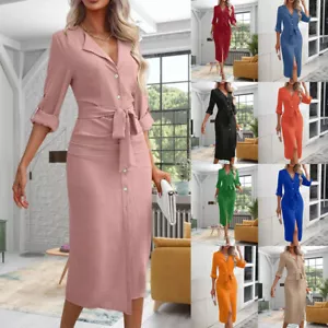 Womens Long Sleeve Midi Shirt Dress Ladies Office Work Party Cocktail Bodycon - Picture 1 of 25
