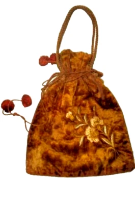 VICTORIAN EDWARDIAN VELVET DRAWSTRING BAG PURSE EMBROIDERY SILK LINING ANTIQUE - Image 1 of 4