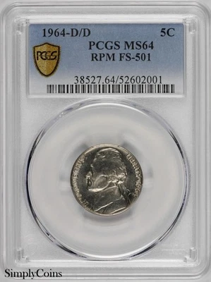 Jefferson Nickel 1964-D RPM FS-501 PCGS MS64 ~ D/D reabastecido marca de ceca ¡RARO! Foto 1 de 3