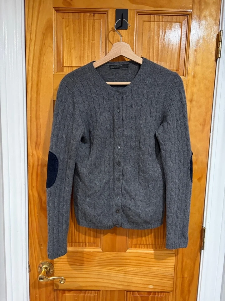 Lord & Taylor Cashmere Cable Knit Cardigan Gray M Elbow Patch Classic Soft - Image 1 of 4