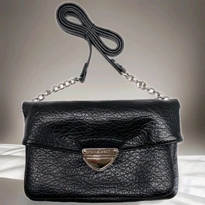 Nine West Black Leather Slim Line Crossbody Bag Purse City Urban Modern 8"x6" - Image 1 of 4