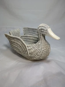 Vintage White Duck Wicker Rattan Woven Planter Basket 8" Long 1980's - Picture 1 of 11