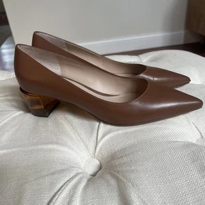 Stuart Weitzman 8 Carole Translucent Clear Block Heel Brown Leather Pump $425 - Picture 1 of 14