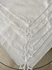 SIX WHITE COTTON LARGE TABLE NAPKINS ~16" x 16" TAPE/STRING LACE INSERT - Picture 1 of 3
