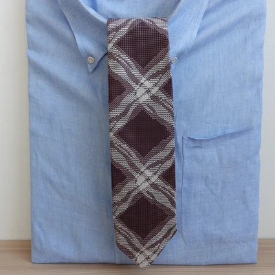 西装礼服领带男式棕色白色钻石格子编织领带 Micro Zig Zag Y2K — 第 1/4 张图片