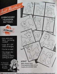 Aunt Marthas 3047 BABY ANIMALS Easy Baby Quilt Block Embroidery Transfer Pattern - Picture 1 of 2