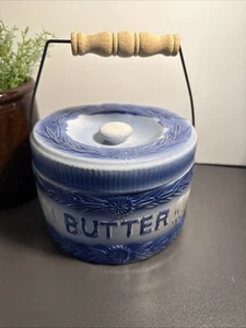 Vintage Stoneware Butter Crock Blue & White Cows With Lid Wood Handle 7x5” - Picture 1 of 8