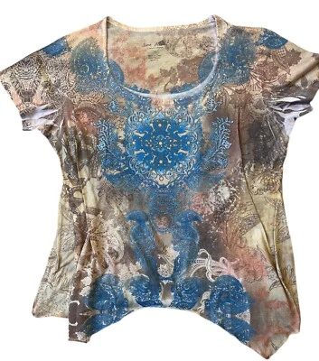 Cyber Y2K Jane Ashley Top Womens 1X Brown Blue Tie Dye Boho Cottage Festival - Image 1 of 4