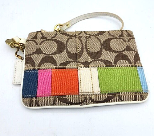 Coach Borsa da polso piccola in tessuto marrone chiaro multicolore 6x4 pollici
