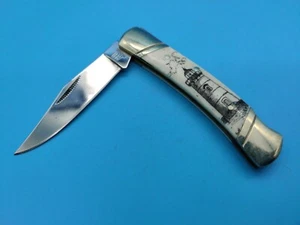 Rough Rider Etched Lighthouse Design Pocket Knife RR133 China Cattle Scrimshaw - Picture 1 of 7