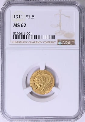 1911 INDIAN HEAD $2.5 QUARTER EAGLE GOLD NGC MS62 - Image 1 of 3
