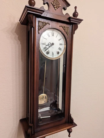 Vintage Mahogany Chime Wall Clock with Roman Numerals.  Original Key Wind Cover