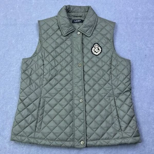 Lauren Ralph Lauren Vest Women's L Green Quilted Puffer Mockneck Crest Logo Snap - Picture 1 of 12