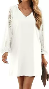 Ladies/Womens Shift Dress Lace Hollow Long Sleeve V Neck Cocktail Dresses - Picture 1 of 2
