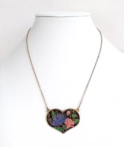 Fashion Jewelry Gold Tone Enamel Painted Heart Necklace Blue Pink Flowers - Picture 1 of 6