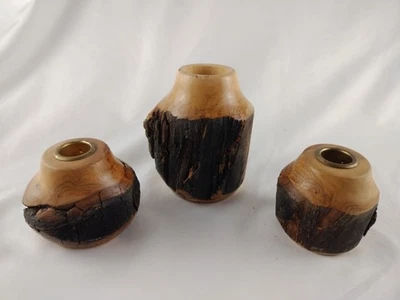 Set Of 3 Hand Turned Raw Edge Wood Vase by Spinning Aspen Studios Colorado USA - Image 1 of 4