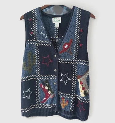 QUACKER FACTORY Sweater Vest Cowboy Cactus Boots Womens Sz M Blue Knitted - Image 1 of 4