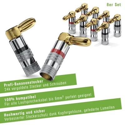 CONECTO Bananenstecker 8er-Set, 90° gewinkelter Stecker für Lautsprecherkabel bis 6mm²