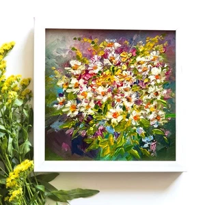 Blumenstrauß Gänseblümchen wilde Blumen Original Ölgemälde kleine Kunst 4x4 Zoll - Bild 1 von 6