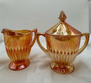 Jeannette Carnival Glass Sugar & Creamer Set Marigold Anniversary Vintage 1965 - Foto 1 di 10