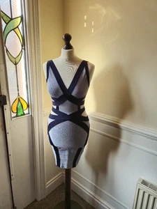 Celeb Boutique XS Blue Black Strappy Cut Out Sexy Bodycon Bandage Dress Mini 00s - Picture 1 of 6