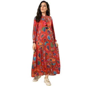 Maxi Dress Women's Red Abstract Print Long Sleeve Tie Neck Tiered XS/S - Picture 1 of 9