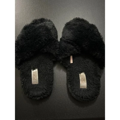 Victoria's Secret PINK Black Faux Fur Fuzzy Slide Slippers Comfy Cozy - Image 1 of 3