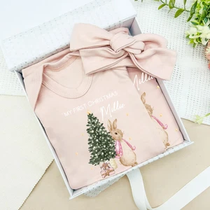 Personalised First Christmas Pink Rabbit Clothing Gift Set - Picture 1 of 6