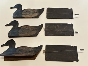 Qty 3 Johnson’s Folding Paper Black Duck Decoys W / Wood Plank Float - 1st Ones - Picture 1 of 24