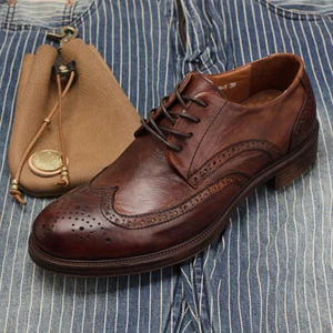 Retro British Men Lace Up Real Leather Carved Brogue Wing Tip Formal Dress Shoes - Picture 1 of 21