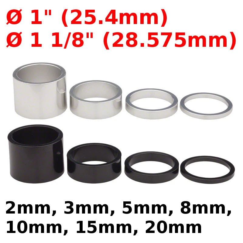 ENTRETOISE BAGUE DE REHAUSSE 1P 1 1/8P ARGENT NOIR DIRECTION POTENCE VELO VTT - Photo 1/1