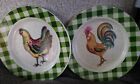  VTG  Ceramic Rooster Plates. White/Green plaid Rim Country Kitchen chicken 8x8